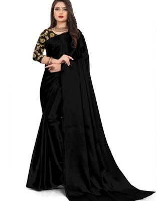 Black Rich Satin Traditional Wear Plain Saree With Blouse 1