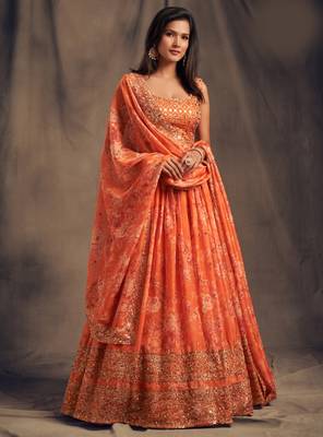 Figurative Orange Zari and sequins Embroidered organza semi stitched Roses Printed Floral lehenga 1