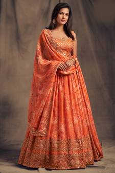 Orange Zari and sequins Embroidered organza semi stitched lehenga