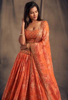 Figurative Orange Zari and sequins Embroidered organza semi stitched Roses Printed Floral lehenga 2
