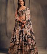 Black Zari And Sequins Embroidered Organza Semi Stitched Roses Printed Floral Lehenga