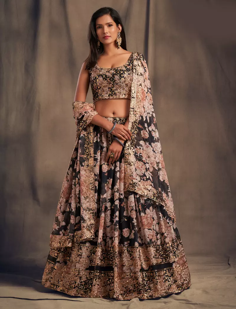 fabulous Black Zari and sequins Embroidered organza semi stitched Roses Printed Floral lehenga