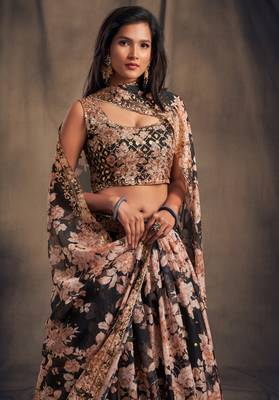  Black Zari And Sequins Embroidered Organza Semi Stitched Roses Printed Floral Lehenga 2
