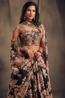 Black Zari And Sequins Embroidered Organza Semi Stitched Roses Printed Floral Lehenga