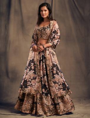  Black Zari And Sequins Embroidered Organza Semi Stitched Roses Printed Floral Lehenga 3