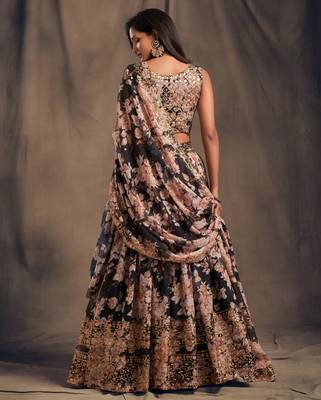  Black Zari And Sequins Embroidered Organza Semi Stitched Roses Printed Floral Lehenga 4