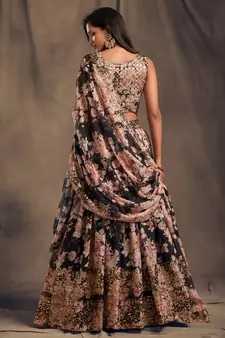  Black Zari And Sequins Embroidered Organza Semi Stitched Roses Printed Floral Lehenga