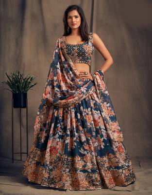 Sublime Dove blue Zari and sequins Embroidered organza semi stitched Roses Printed Floral lehenga 1