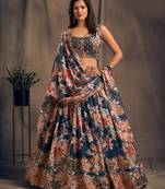 Sublime Dove blue Zari and sequins Embroidered organza semi stitched Roses Printed Floral lehenga