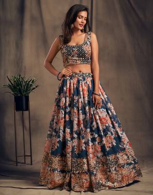 Sublime Dove blue Zari and sequins Embroidered organza semi stitched Roses Printed Floral lehenga 3