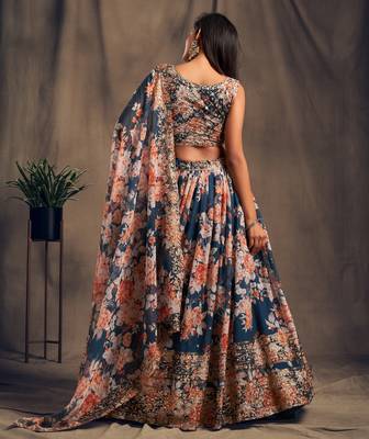 Sublime Dove blue Zari and sequins Embroidered organza semi stitched Roses Printed Floral lehenga 4