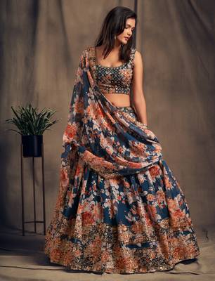 Sublime Dove blue Zari and sequins Embroidered organza semi stitched Roses Printed Floral lehenga 5