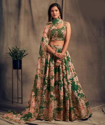 Marvelous Green Zari and sequins Embroidered organza semi stitched Roses Printed Floral lehenga 1