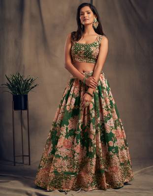 Marvelous Green Zari and sequins Embroidered organza semi stitched Roses Printed Floral lehenga 3