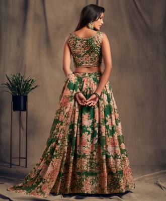 Marvelous Green Zari and sequins Embroidered organza semi stitched Roses Printed Floral lehenga 4
