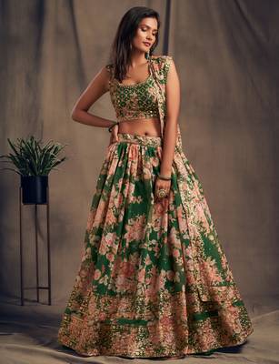 Marvelous Green Zari and sequins Embroidered organza semi stitched Roses Printed Floral lehenga 5