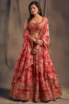 Red Zari and sequins Embroidered organza semi stitched floral lehenga