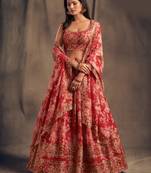 provocative Red Zari and sequins Embroidered organza semi stitched Roses Printed Floral lehenga