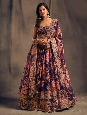 Gorgeous Purple Zari and sequins Embroidered organza semi stitched Roses Printed Floral lehenga 1