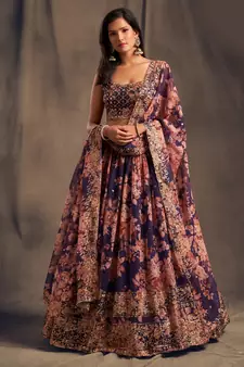 Purple Zari and sequins Embroidered organza semi stitched floral lehenga