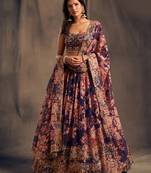 Gorgeous Purple Zari and sequins Embroidered organza semi stitched Roses Printed Floral lehenga