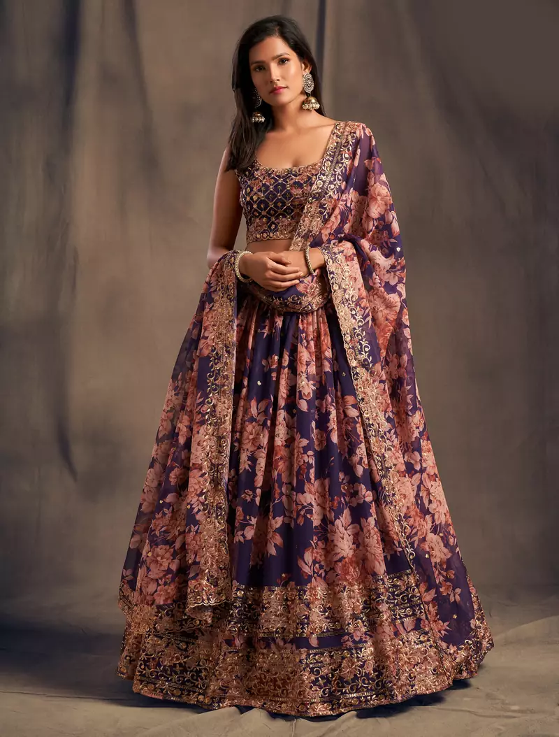 Purple Zari and sequins Embroidered organza semi stitched floral lehenga
