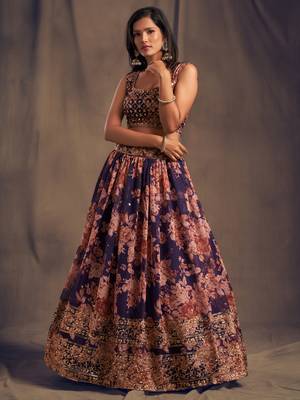 Gorgeous Purple Zari and sequins Embroidered organza semi stitched Roses Printed Floral lehenga 3