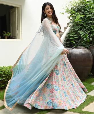 Multicolored Digital print with hook beads work muslin silk indian designer wedding lehenga dress 1