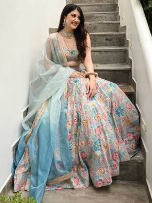 Multicolored Digital print with hook beads work muslin silk indian designer wedding lehenga dress 2