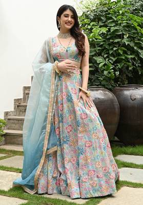 Multicolored Digital print with hook beads work muslin silk indian designer wedding lehenga dress 3