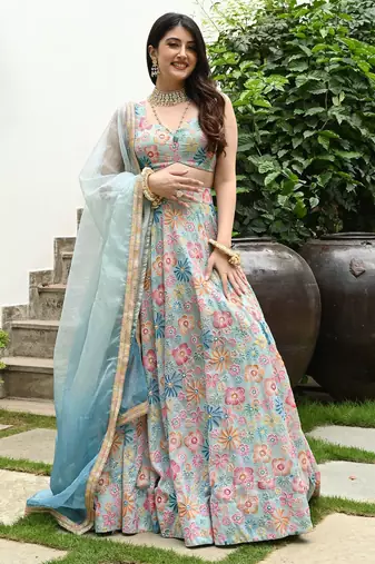 Multicolored Digital print with hook beads work muslin silk indian designer wedding lehenga dress