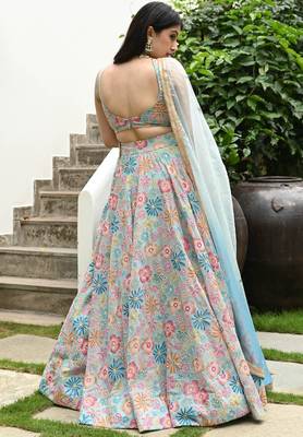 Multicolored Digital print with hook beads work muslin silk indian designer wedding lehenga dress 4