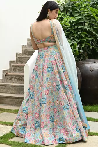 Multicolored Digital print with hook beads work muslin silk indian designer wedding lehenga dress