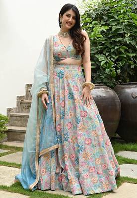 Multicolored Digital print with hook beads work muslin silk indian designer wedding lehenga dress 5