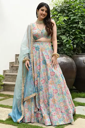 Multicolored Digital print with hook beads work muslin silk indian designer wedding lehenga dress