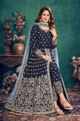 Navy-blue embroidered art silk salwar 2