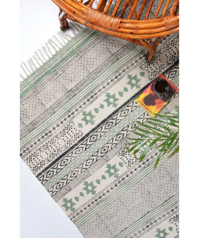 black Cotton Hand Block Printed Rug