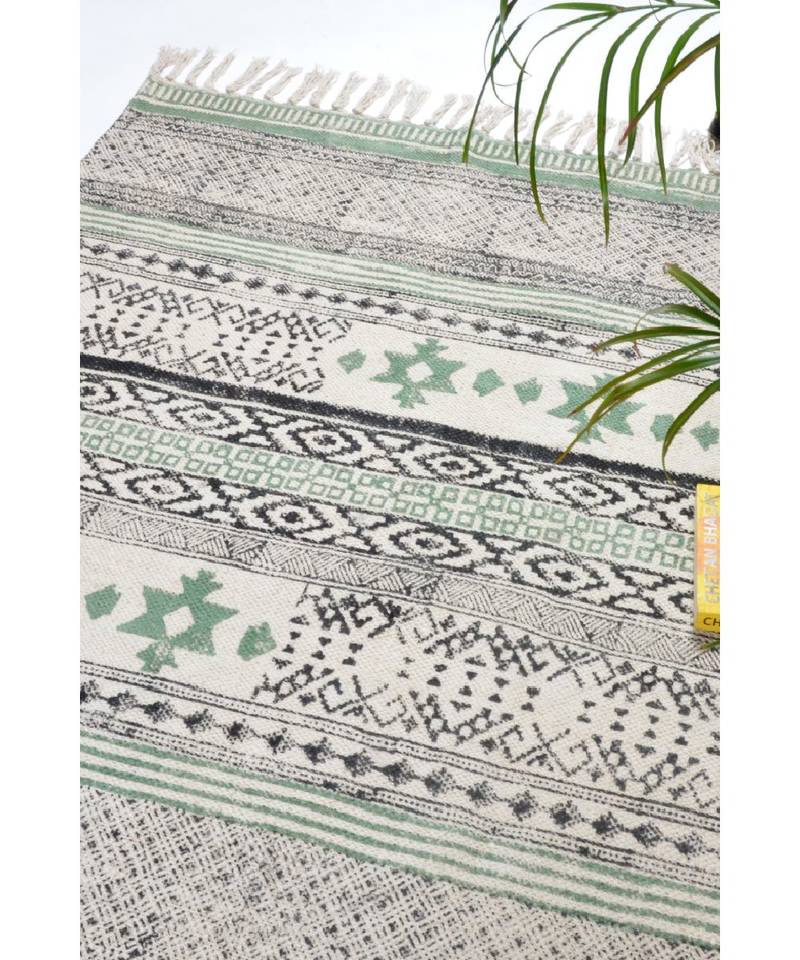 black Cotton Hand Block Printed Rug