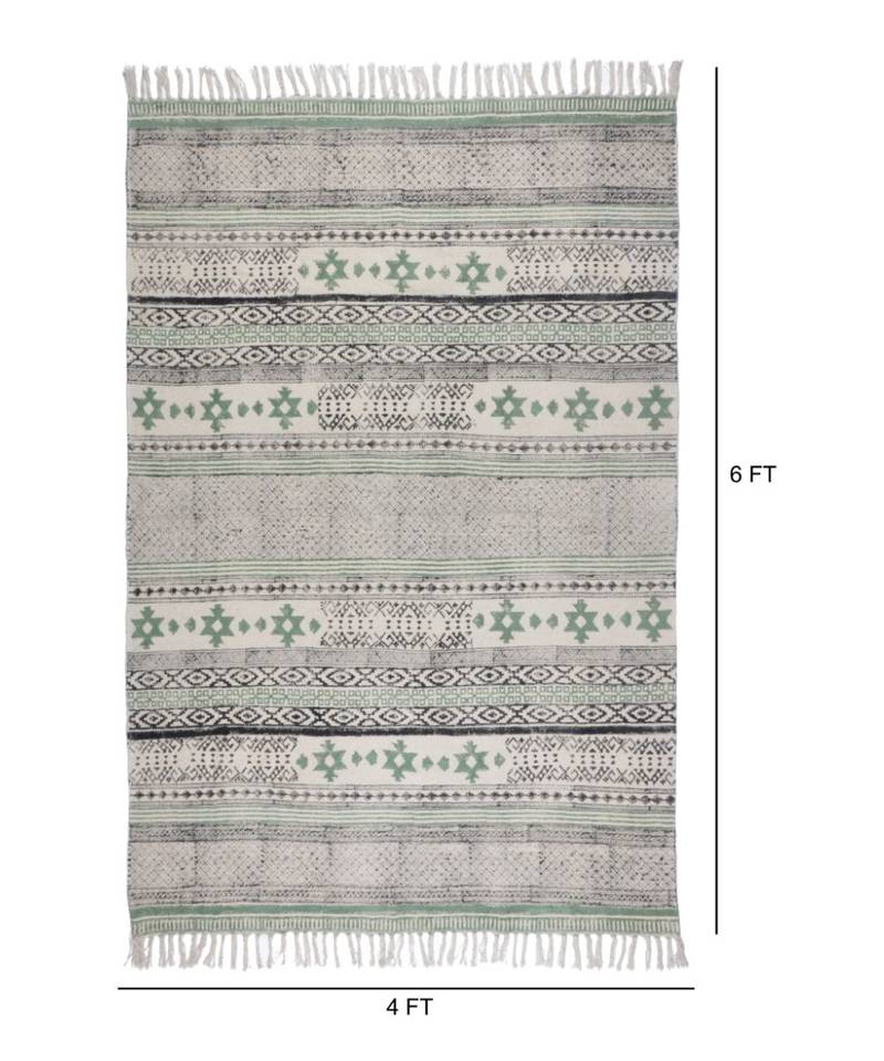 black Cotton Hand Block Printed Rug