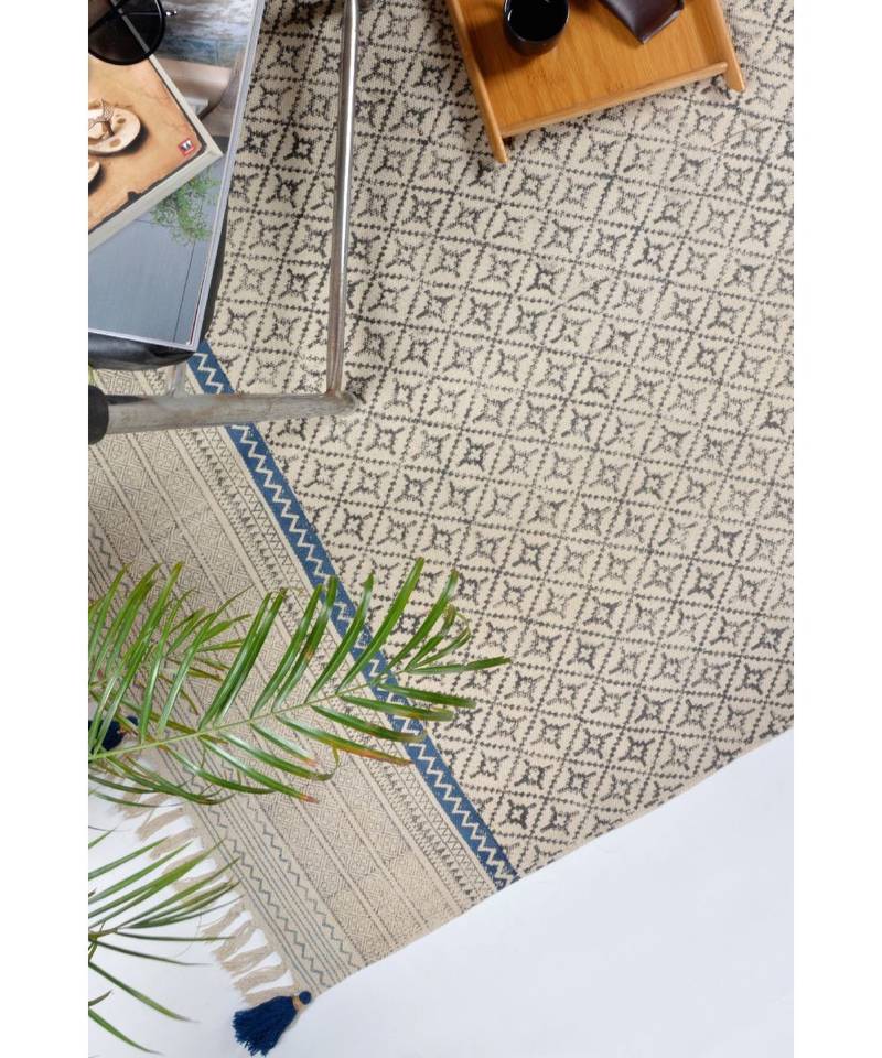 black Cotton Hand Block Printed Rug