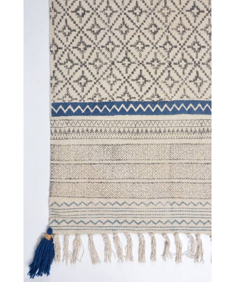 black Cotton Hand Block Printed Rug