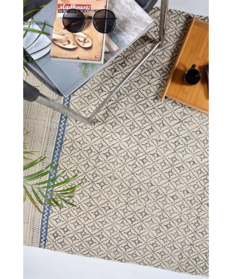 black Cotton Hand Block Printed Rug