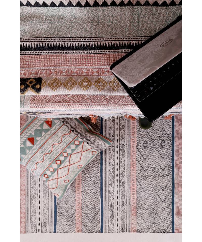 black Cotton Hand Block Printed Rug