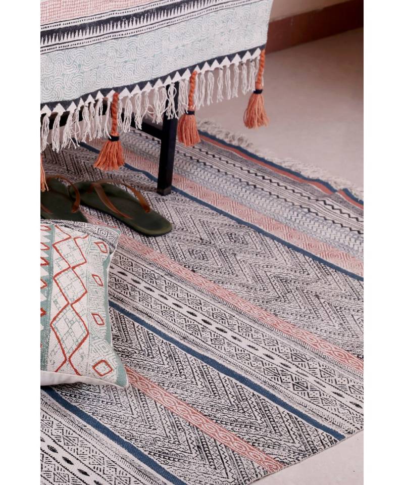 black Cotton Hand Block Printed Rug