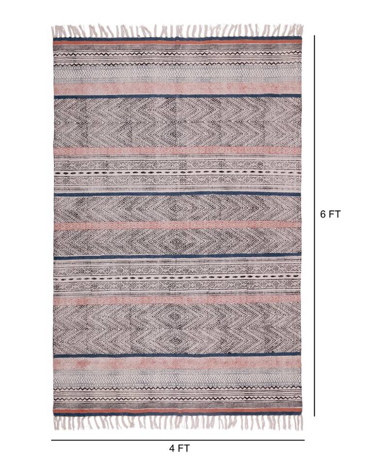 black Cotton Hand Block Printed Rug