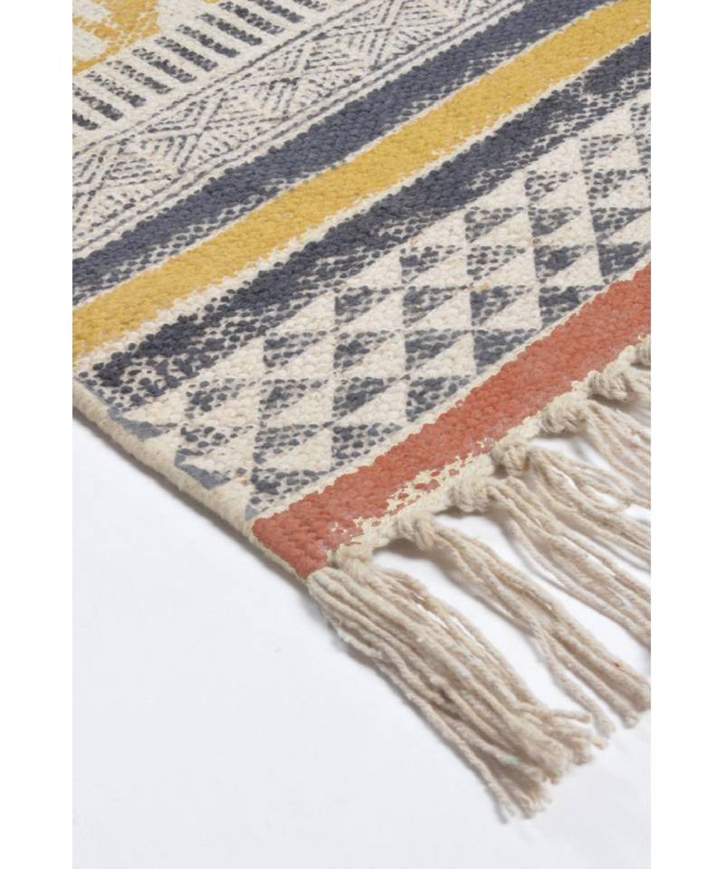 black Cotton Hand Block Printed Rug