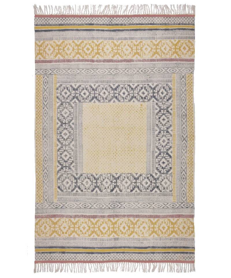 black Cotton Hand Block Printed Rug