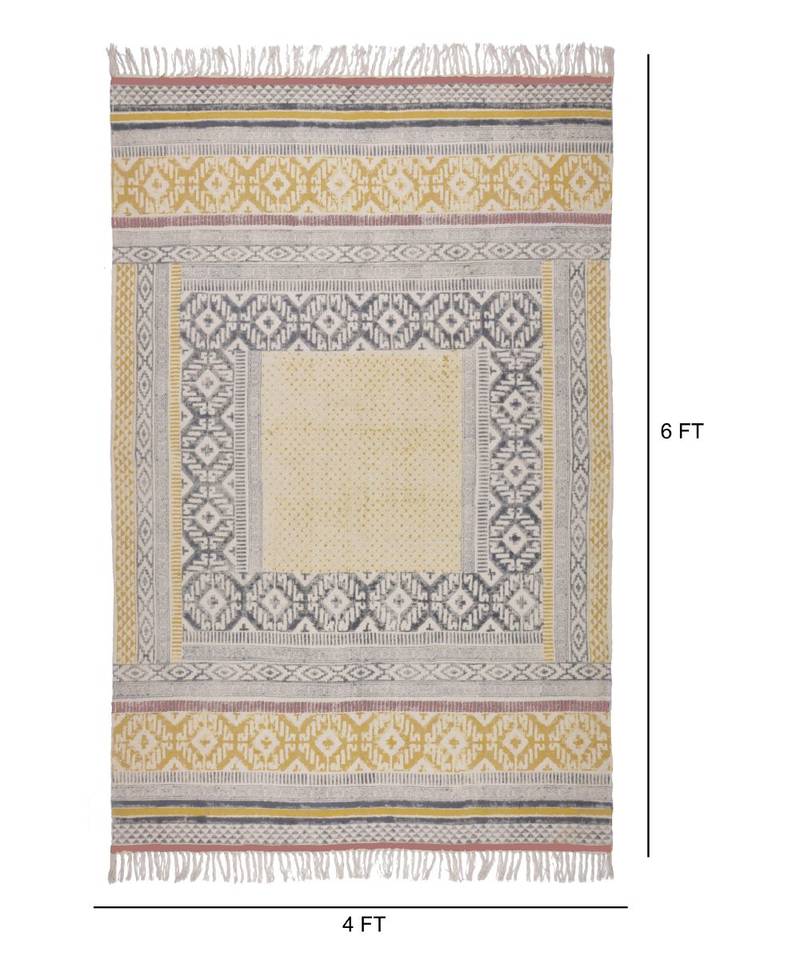 black Cotton Hand Block Printed Rug