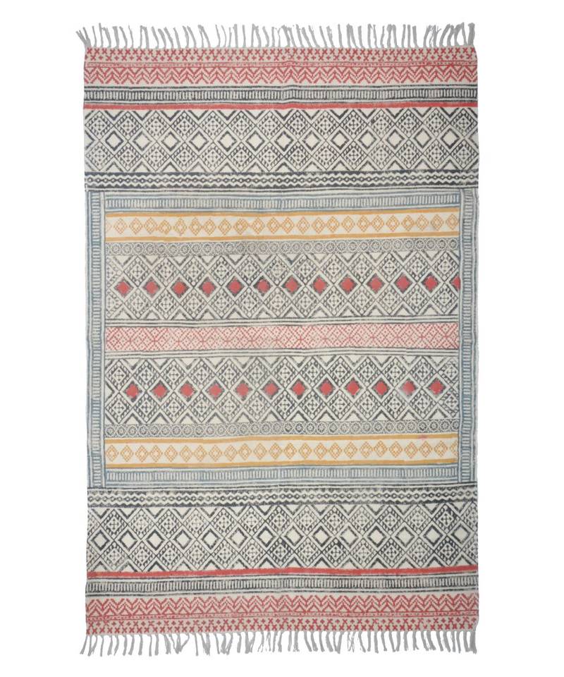 black Cotton Hand Block Printed Rug