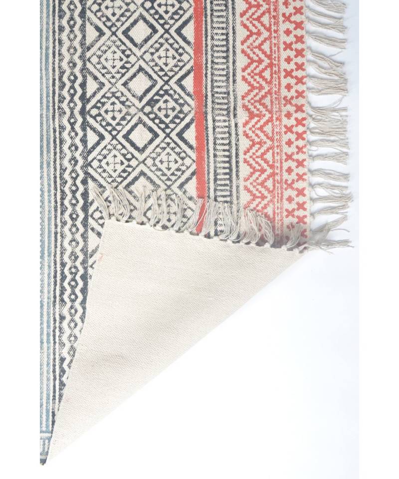 black Cotton Hand Block Printed Rug